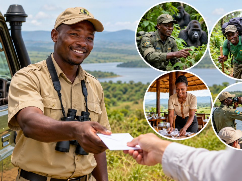 Uganda Safari Tipping Guide showing a safari driver receiving a tip, with gorilla rangers, porters and lodge staff in Uganda.
