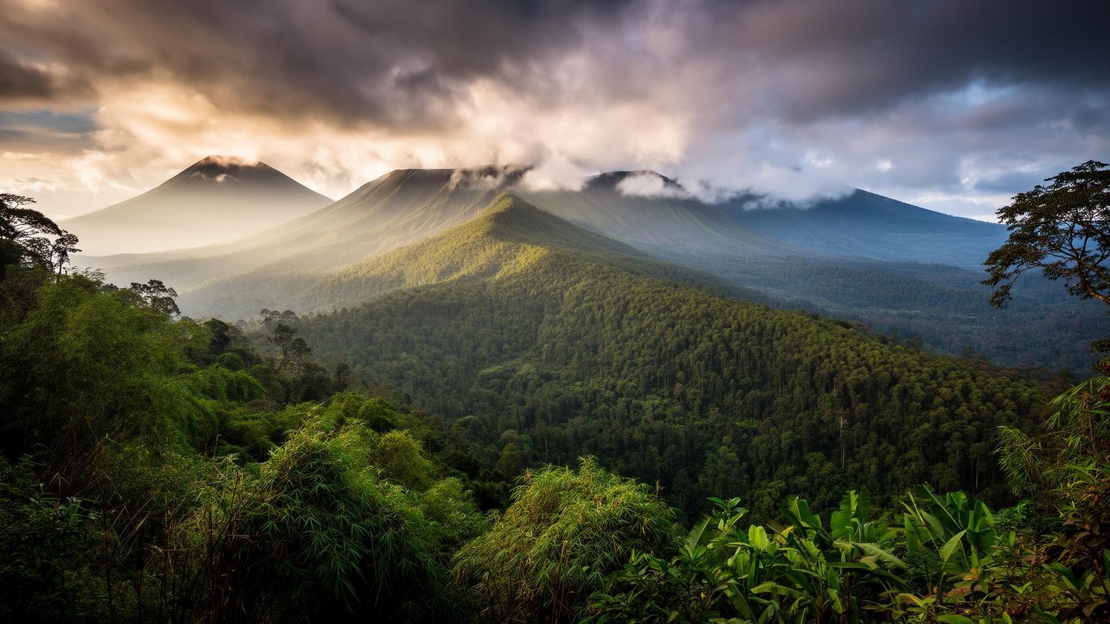 Mist-covered Virunga Mountains and green forests of Volcanoes National Park in Rwanda.