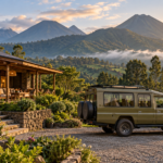 Safari vehicle beside a lodge with misty volcanic mountains in the background.