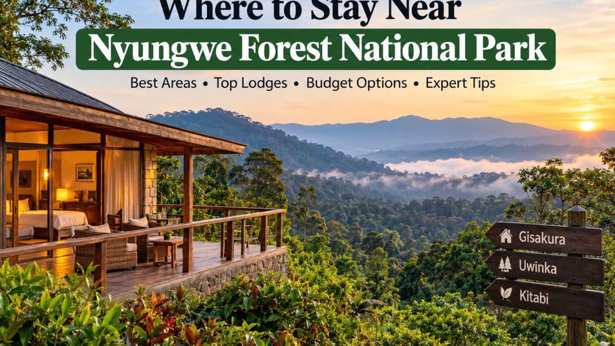 Scenic rainforest lodge overlooking the green hills of Nyungwe Forest National Park in Rwanda, highlighting accommodation options near Gisakura, Uwinka and Kitabi.