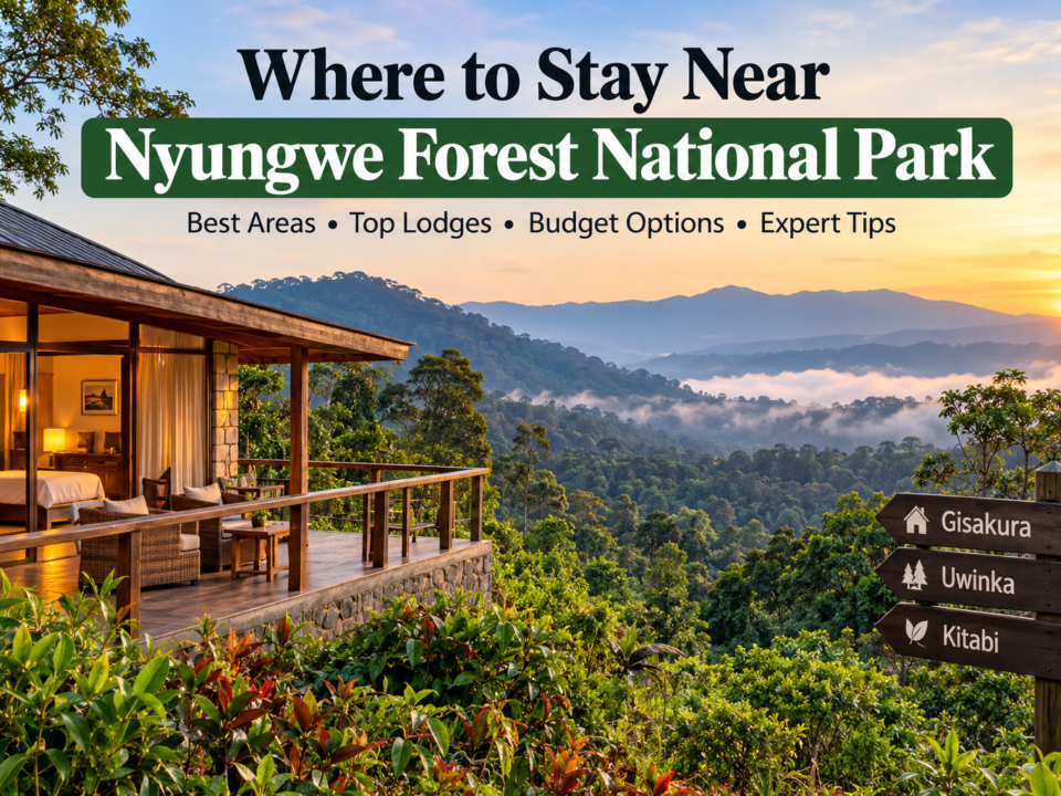 Scenic rainforest lodge overlooking the green hills of Nyungwe Forest National Park in Rwanda, highlighting accommodation options near Gisakura, Uwinka and Kitabi.