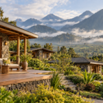 Safari lodge illustration with a wooden terrace, lush gardens, and misty volcanic mountains inspired by Rwanda.