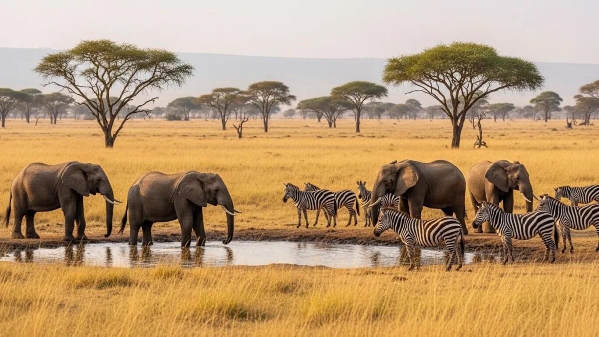 Wildlife in Akagera National Park featuring African elephants and zebras in Rwanda's savannah.
