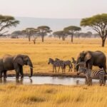 Wildlife in Akagera National Park featuring African elephants and zebras in Rwanda's savannah.